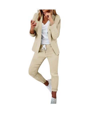 Women 2 Piece Casual Outfit Office Work Clothes Notched Collar Blazer Jacket Pencil Trouser Pants Suit Sets 4432-sasnx-beige-b M