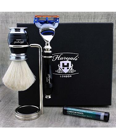 4 Pc Mens Shaving Kit 5 Edge Razor With White Badger Hair Shaving Brush Stand and Alum Pencil Perfect Set For Men