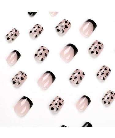 French Tip Press on Nails - Short Square Press On Nails with Nail Tips Black edge black love heart press on nails Acrylic False Nails Cute Artificial Nails - Buy Online on GoSupps.com