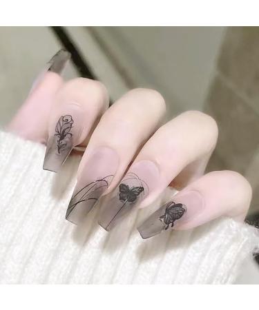 24Pcs/Set Press On Nails Dark Matte Rose Long Trapezoidal High Grade European and American Matte Butterfly False Nail False Nails Fake Nails Full Cover Nail Manicure Press on nails for Women and Girls