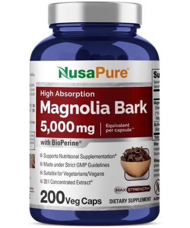 NusaPure Magnolia Bark 5000 mg 200 Vegetarian Caps (Non-GMO, Extract 20:1, Gluten-Free)