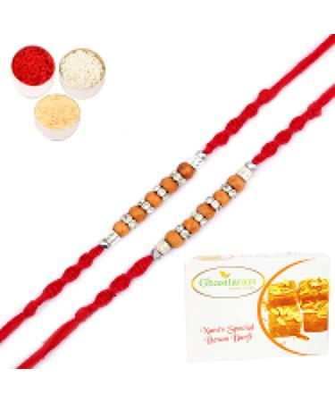 Ghasitaram Gifts Rakhi for Brother Rakhis Online - Set of 2-Nbh204 Rakhis with 400 GMS of Besan Barfi Rakhi Set with 400 gms of Besan Barfi