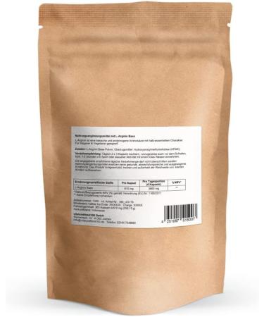 L-Arginine Vegan Base Capsules 610mg - 365 Count | High Dose No HCL Lab Tested | Made in Germany - Buy Online on GoSupps.com