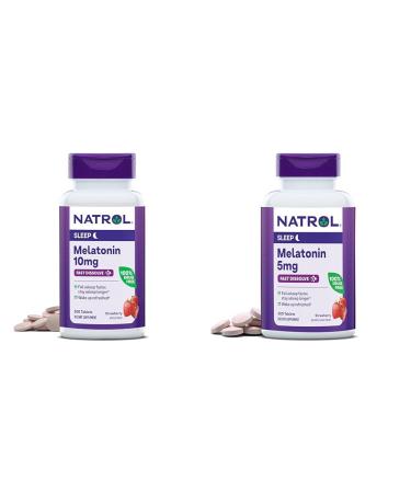 Natrol Melatonin 10mg 200 Tablets & 5mg 200 Tablets Strawberry-Flavored Fast-Dissolve Sleep Support Dietary Supplement Bundle