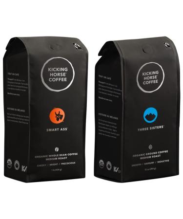 Kicking Horse Coffee Smart Ass Medium Roast Whole Bean 1 lb - Certified Organic Fairtrade Kosher Coffee & Three Sisters Medium Roast Ground 284 g - Certified Organic Fairtrade Kosher Coffee
