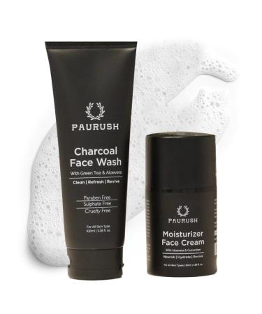 PAURUSH Men's Skincare Set Charcoal Face Wash with Green Tea and Aloe Vera 100ml Moisturizer Face Cream with Aloe Vera 50ml Paraben Free