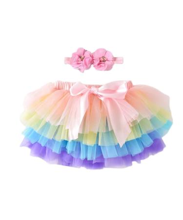 PythJooh Newborn Baby Girl Tutu Bloomers Skirt Headband Set Toddler Ruffle Pettiskirt with Nappy Cover Photo Props Set for 0-2Years 1-2 Years Rainbow.