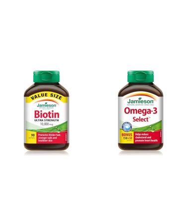Jamieson Biotin 10 000 mcg Ultra Strength Softgels + Omega-3 Select 1 000 mg Biotin + Omega-3 200 Count