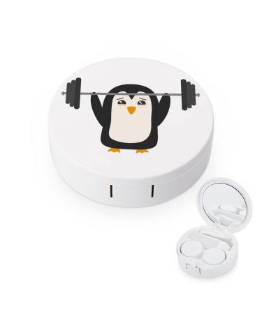 Penguin Weightlifting Round Case For Contact Lens Kit Storage Box with Mirror Printed