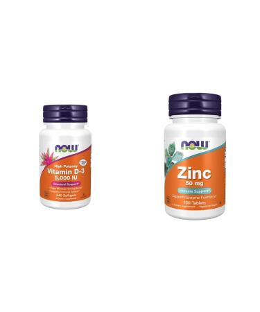NOW Supplements, Vitamin D-3 5,000 IU, 240 Softgels & Now Foods Supplements, Zinc (Zinc Gluconate) 50 mg, Supports Enzyme Functions, Immune Support, 100 Tablets, Yellow/Gold 240 Count (Pack of 1) Supplements + Supplements