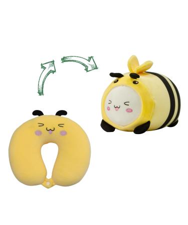 JOYRAVO 2-in-1 Kids Travel Pillow - Soft and Adorable Animals Plushie That Converts into a U-Shaped Neck Pillow for Comfort During Airplane Train Bus Trip - Yellow Bee