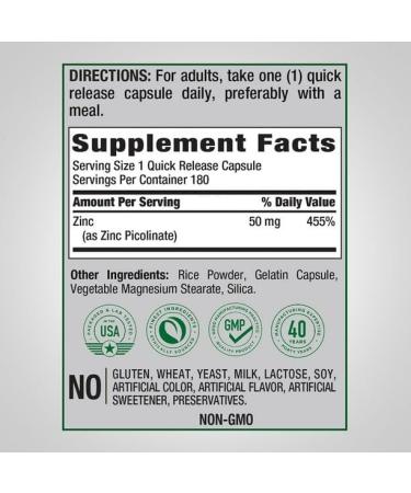 Zinc Picolinate 50mg Supplement | 180 Capsules | Piping Rock - Buy Online on GoSupps.com