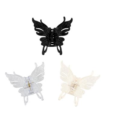 Hapdoo 3pcs Butterfly Hair Clips for Women Medium Hair Claw Clips for Thin Hair Hair Clip for Girls White Black Clear