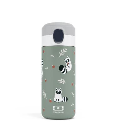 MONBENTO - Kids Insulated Bottle MB Pop Raccoon - 12 Oz - Leakproof - Hot/Cold Up to 12 Hours - Small Water Bottle for Kids School/Park or for Adult Handbag - BPA Free Food Grade Safe - Green Green Raccoon