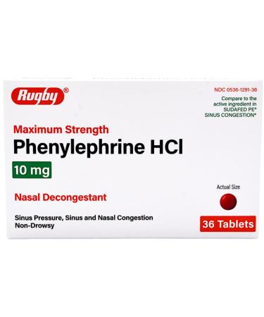 Rugby Maximum Strength PE Sinus Congestion Nasal Decongestant Phenylephrine HCl 10 mg - 36 Tablets