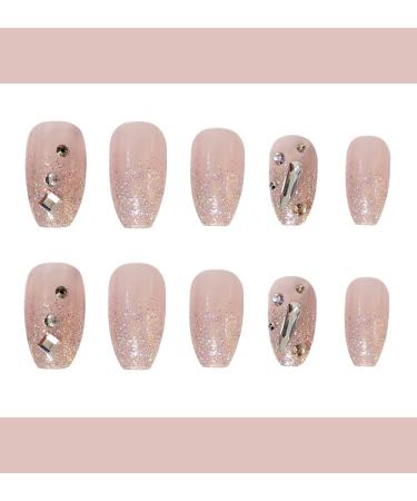 3D Rhinestone Pink Coffin Fake Nails Medium Length - Glossy Ballerina False Nails for Women | 24PCS - Buy Online on GoSupps.com