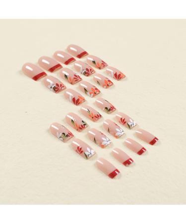 Fall Flower Press On Nails - Short Square Thanksgiving Daisy & Wine Red French Tip - 24 Pcs Reusable Acrylic Set for Women & Girls - DIY Art Nails - Buy Online on GoSupps.com