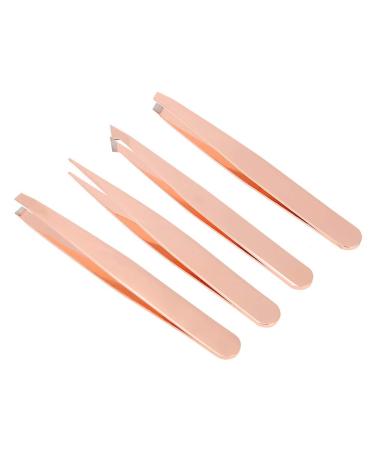 Rose Gold Stainless Steel Slant Tip Tweezers Eyebrow Hair Remover Makeup Tool 4 Pack for Business Travel