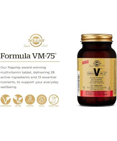 Solgar Formula VM-75, 90 Tablets - Multivitamin with Chelated Minerals - Vitamin A, B6, B12, C, D, E - Biotin, Magnesium, Calcium, Iron, Zinc, - Vegan, Gluten Free, Dairy Free, Kosher - 90 Servings - Buy Online on GoSupps.com