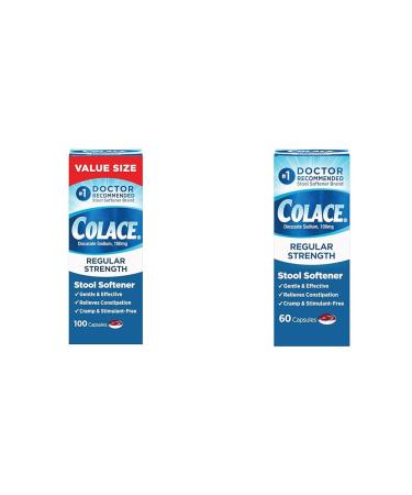 Colace Regular Strength 100mg Capsules Stool Softener 60 & 100 Count Bundles for Gentle Constipation Relief