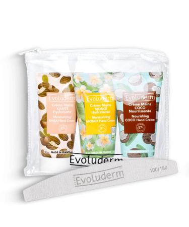 EVOLUDERM – Hand Cream + Nail File Kit – Shea 50 ml + Monoi 50 ml + Coconut 50 ml – 97% Natural Ingredients – Vegan – Made in France