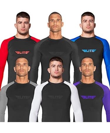 Elite Sports Jiu Jitsu BJJ Rash Guard Mens Bjj No GI MMA Ranked Full Sleeve Compression Rash Guards Black Large