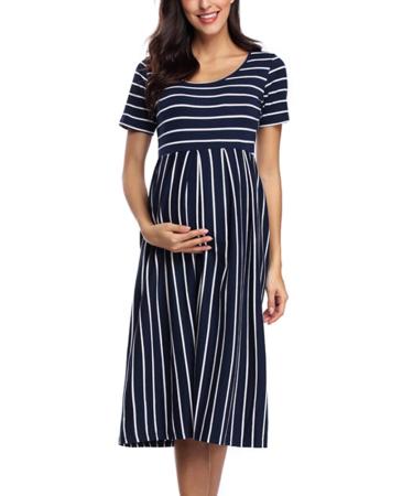 Love2Mi Womens Short-Sleeve Maternity Dress Casual A-Line Midi Pregnant Dress XL Navy White Stripe