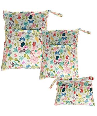 Damero Set of 3 Changing Bags with Reusable Fabric Waterproof Wetbag Wipes Storage Organiser Bag Jungle