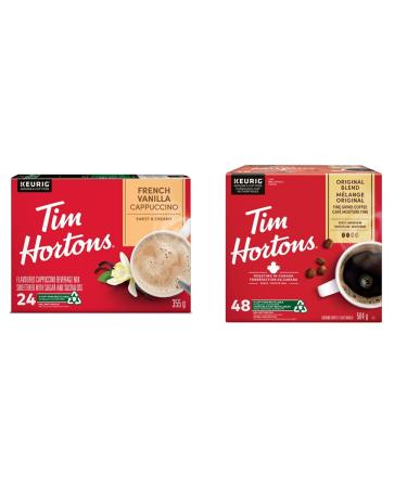 Tim Hortons French Vanilla Cappuccino K-Cup Pods 24 Pack & Original Coffee blend Single Serve Keurig K-Cup Pods Medium Roast 48 Count French Vanilla Cappuccino + Pods 48 Count 1 Count (Pack of 24)
