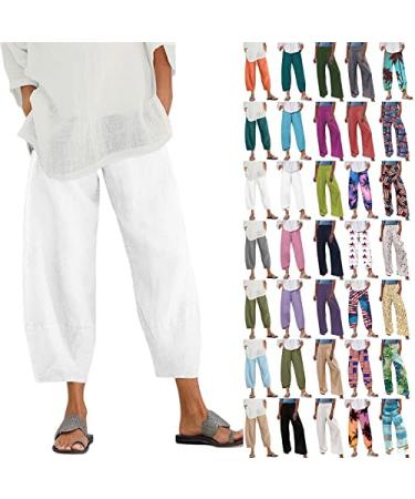 QWENTMTNTY Plus Size Capris Pants for Women Cotton Linen Wide Leg Casual Summer Comfy High Waisted Loose Crop Pants Pockets D-white 3X-Large