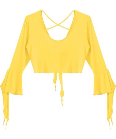 YiZYiF Women's Yellow Ballroom Dance Top with Tulle Flared Sleeves - Lace-Up Belly Latin Practice Costume - Buy Online on GoSupps.com