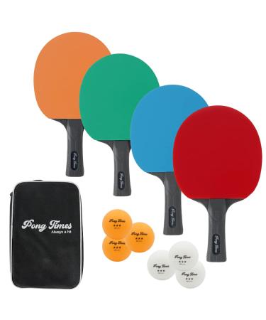 PONG TIMES Ping Paddles Set of 4, Fun Table Tennis with and Balls, Paddles, Rackets 5 Star Racquets, Portable Set, Red, Blue, Green, Orange