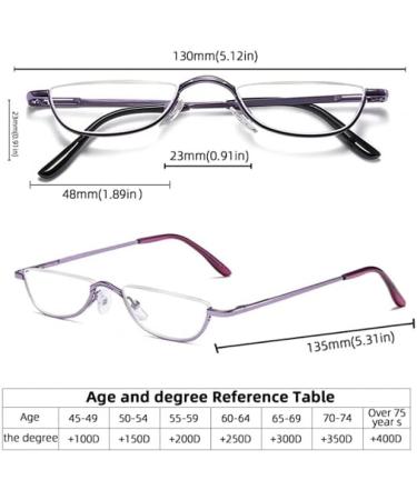 Hubeye 3 Pairs Half Moon Reading Glasses - Slim Metal Frame - 2.0 Dioptres - Purple/Gold/Silver - Buy Online on GoSupps.com