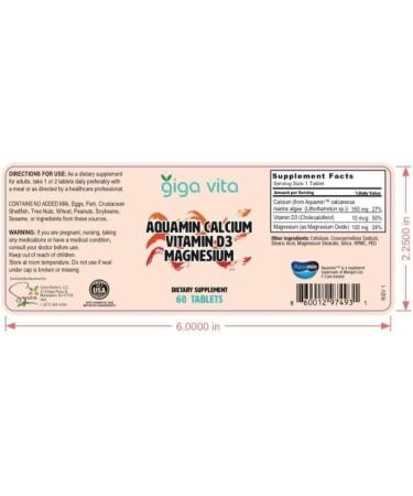 Giga Vita Aquamin Calcium with Vitamin D3 & Magnesium Bone Joint & Muscle Support 60 Tablets Plant-Based Marine Calcium from Red Algae - Buy Online on GoSupps.com