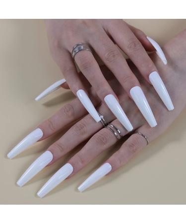 Rosy Finch XXL Extra Long Coffin Stick on Nails - White 2, Long Press Acrylic False Nails with Glue & File for Women - Buy Online on GoSupps.com