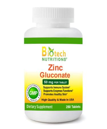 Biotech Nutritions Zinc Gluconate 50 mg 250 Tablets Made in USA Vegetarian/Vegan Zinc Gluconate 250 Count (Pack of 1)