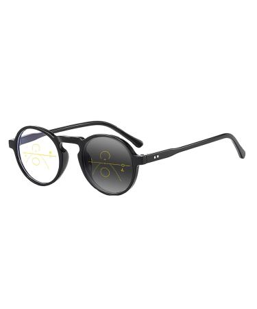 Near Far Multifocal Progressive Men Black Transparent Retro Round Acetate Transition Photochromic Reading Glass 0 distance 175 reading Black