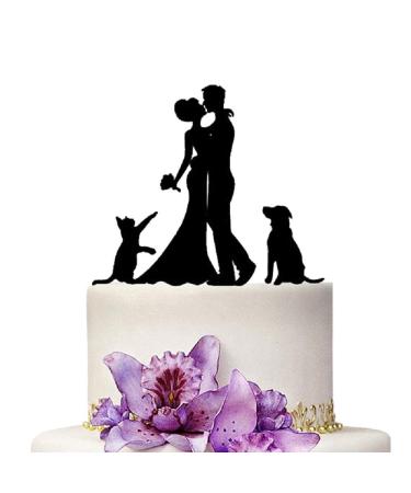 YAMI COCU Wedding Cake Toppers Bride and Groom Flower With Dog And Cat Animal Black Color Acrylic Silhouette Party Engagement Decoration