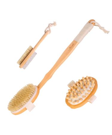 Nvetls 3Pcs Bath Brush Back Brush Natural Bristles Long Handle with Massage Brush Pumice Stone Foot Care Brush 3Pcs Bristles