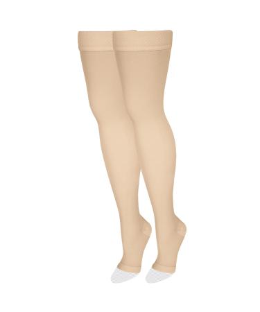 NuVein Medical Compression Stockings, 20-30 mmHg Support, Women & Men Thigh Length Hose, Open Toe, Light Beige, Medium Light Beige Medium (1 Pair)