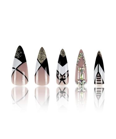 Shop Long Stiletto Press on Nails - Gold Glitter French Tip with Rhinestones | Luxury Artificial Acrylic Fake Nails for Women & Girls | Full Cover Stick-On Manicure Decorations - Buy Online on GoSupps.com