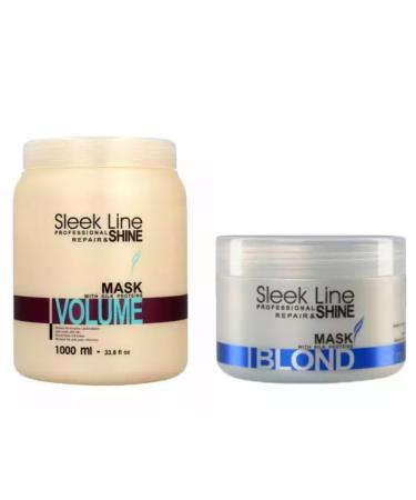 Stapiz Sleek Line Q10 Blonde Blue Mask 250 ml & Sleek Line Volume Mask 1000 ml premium hair mask for bleached hair and volume antiyellowing and sleek bun optimization