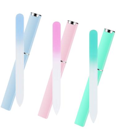 Glass Nail File with Case, EAONE 3 Pack Crystal Nail Files for Natural Nails, Double-Sided Etched Filing Surface Nail Filer, Professional Manicure Nail Care Czech Glass File- Gradient Mix Color