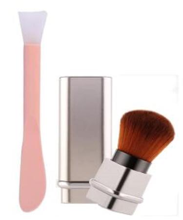 Retractable Kabuki Makeup Brush Portable Powder Brush with Cover for Blush Bronzer Flawless Powder Cosmetic+Double-headed silicone facial mask brush scraper (silver)