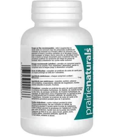 Prairie Naturals Sublingual melatonin 3mg tab helps increase total sleep helps relieve daytime fatigue associated with jet lag shift work reduces the time it takes to fall asleep helps reset the body's sleep-wake cycle 90 Count - Buy Online on GoSupps.com