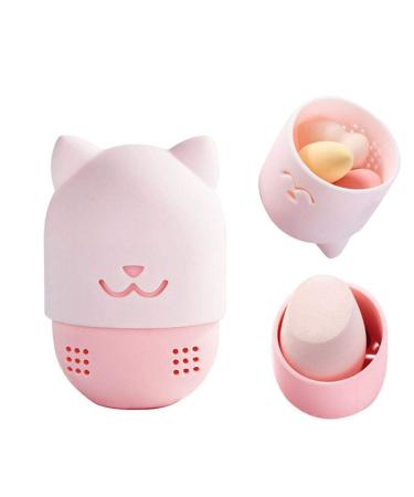 1 x Makeup Sponge Holder Cute Cat Silicone Cosmetic Sponge Travel Case Makeup Blender Carrying Bag (Pink)