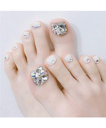 Fstrend Rhinestones Fake Toenails White Crystal False Toe Nails Bling Glitter Full Cover Acrylic Toes Fake Nail Short Square False Nails Clip Press on Toe Art Tips for Women and Girls(24 Pcs ) - Buy Online on GoSupps.com