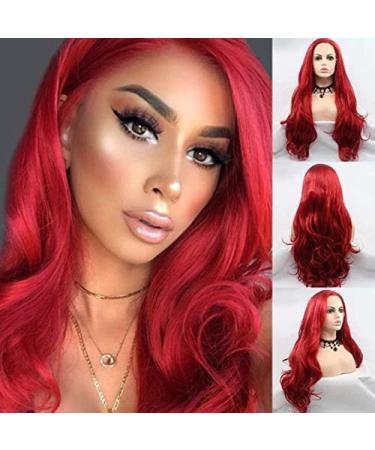 Red lace front wig long waves natural hair heat-resistant fiber synthetic top wig for fashionable women (61 cm red wave/lace front wig) Red Loose Wave