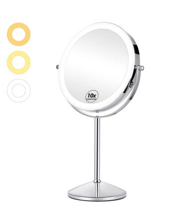 KEDSUM Rechargeable 1X/10X Lighted Magnifying Makeup Mirror  8 Double Sided Lighted Makeup Mirror 3 Color Dimmable Lighting  Magnifying Mirror with Light  Touch Screen Cordless Cosmetic Vanity Mirror 10x-Sliver