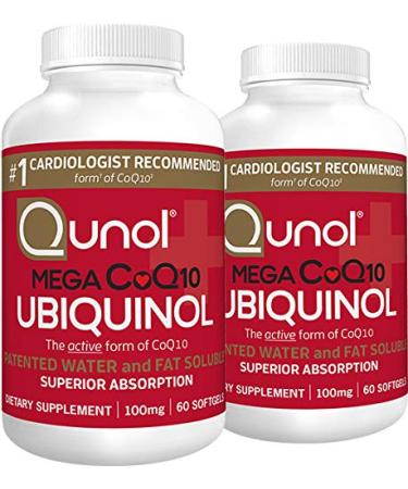 Qunol Mega Ubiquinol Coq10 100mg, Superior Absorption, Patented Water and Fat Soluble Natural Supplement Form of Coenzyme Q10, Antioxidant for Heart Health, 60 Softgels, Pack of 2 120.0 Servings (Pack of 2)